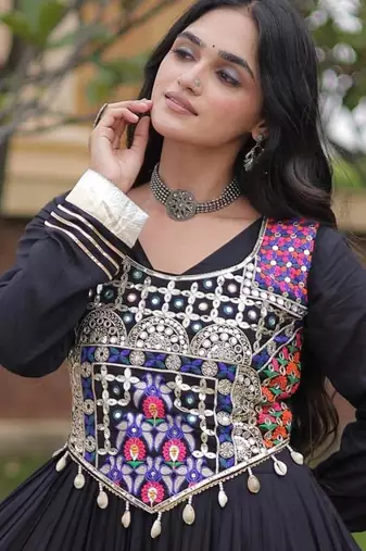 Black rayon gota patti lace work navratri layered koti styled fusion gown