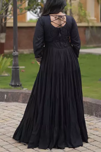 Black rayon gota patti lace work navratri layered koti styled fusion gown