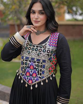 Black rayon gota patti lace work navratri layered koti styled fusion gown 4