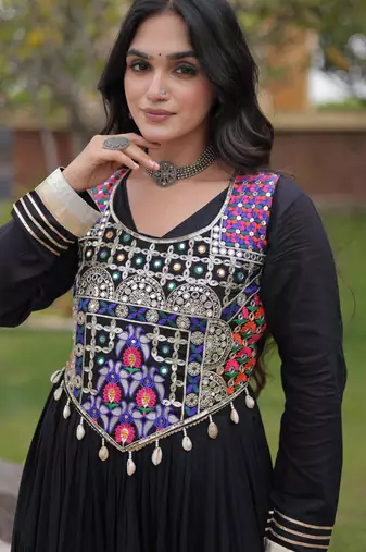Black rayon gota patti lace work navratri layered koti styled fusion gown
