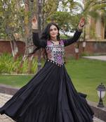 Black rayon gota patti lace work navratri layered koti styled fusion gown