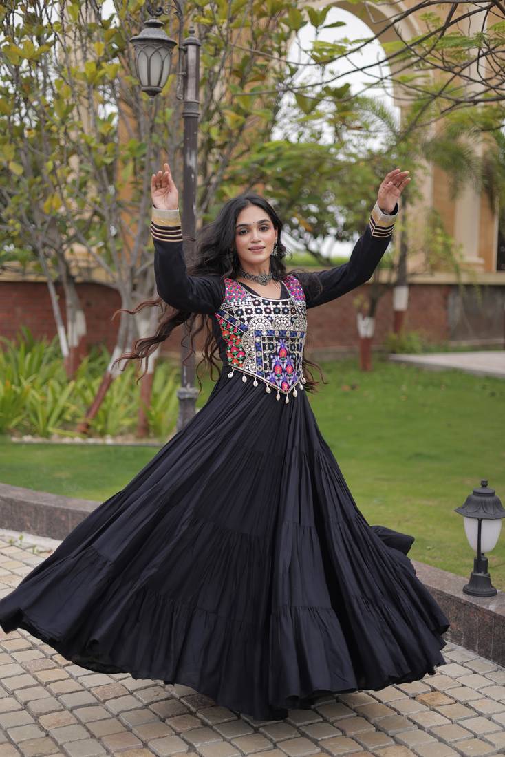 Black rayon gota patti lace work navratri layered koti styled fusion gown
