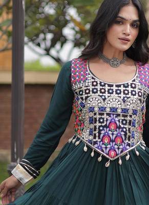 Green rayon gota patti lace work navratri layered koti styled fusion gown 2