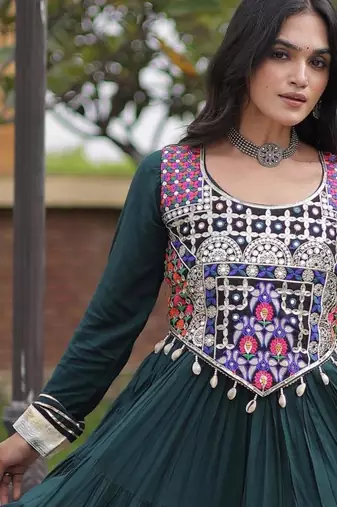 Green rayon gota patti lace work navratri layered koti styled fusion gown