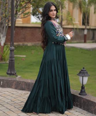 Green rayon gota patti lace work navratri layered koti styled fusion gown 3