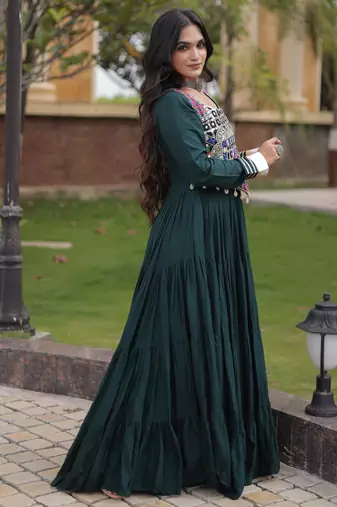 Green rayon gota patti lace work navratri layered koti styled fusion gown