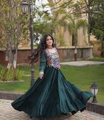Green rayon gota patti lace work navratri layered koti styled fusion gown