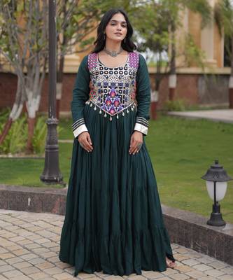 Green rayon gota patti lace work navratri layered koti styled fusion gown 4