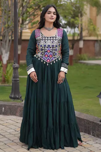 Green rayon gota patti lace work navratri layered koti styled fusion gown