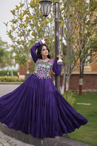Purple rayon gota patti lace work navratri layered koti styled fusion gown