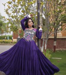 Purple rayon gota patti lace work navratri layered koti styled fusion gown