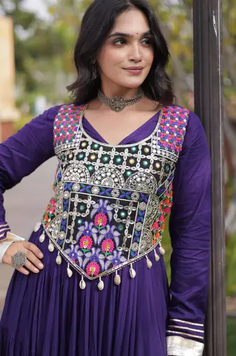 Purple rayon gota patti lace work navratri layered koti styled fusion gown