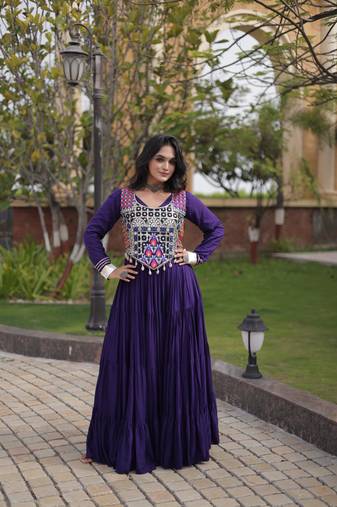 Purple rayon gota patti lace work navratri layered koti styled fusion gown