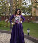 Purple rayon gota patti lace work navratri layered koti styled fusion gown