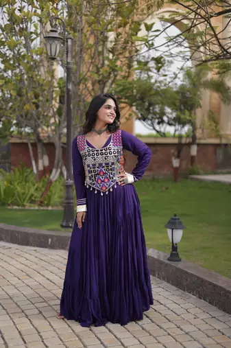 Purple rayon gota patti lace work navratri layered koti styled fusion gown