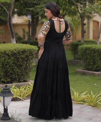 Black rayon kutchi gamthi thread embroidered & mirror work navratri gown 3