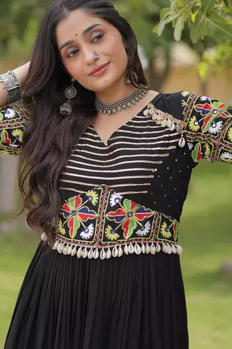 Black rayon kutchi gamthi thread embroidered & mirror work navratri gown