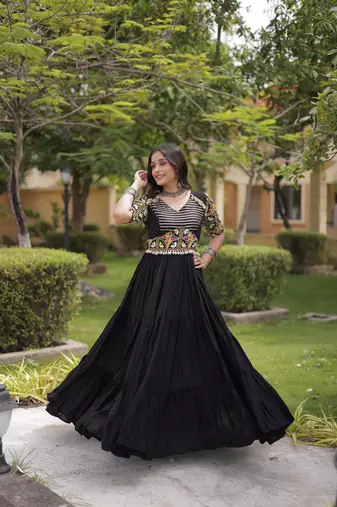 Black rayon kutchi gamthi thread embroidered & mirror work navratri gown