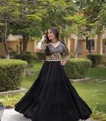 Black rayon kutchi gamthi thread embroidered & mirror work navratri gown