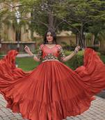 Rust rayon kutchi gamthi thread embroidered & mirror work navratri gown