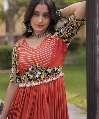 Rust rayon kutchi gamthi thread embroidered & mirror work navratri gown 3