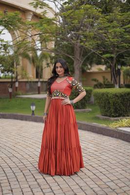 Rust rayon kutchi gamthi thread embroidered & mirror work navratri gown 4
