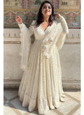White embroidery georgette full stitched anarkali suit 1