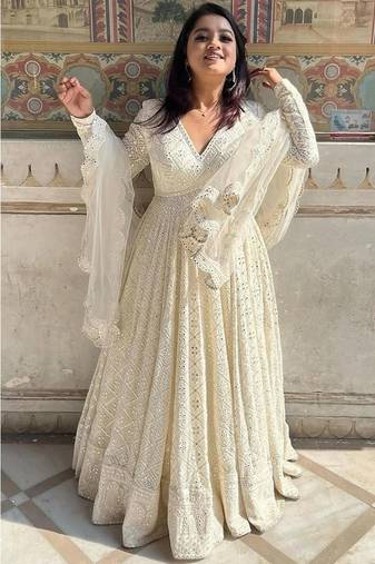 White embroidery georgette full stitched anarkali suit
