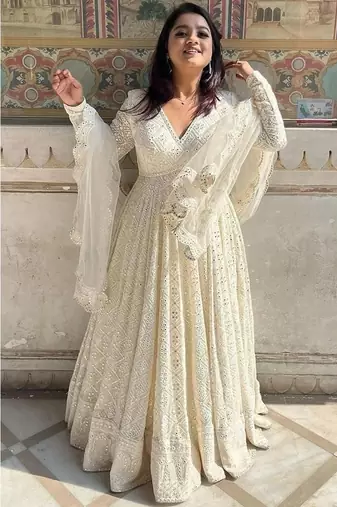 White embroidery georgette full stitched anarkali suit