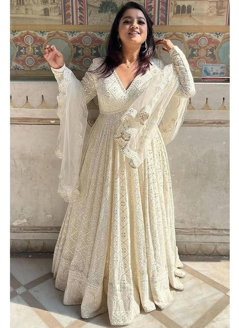 White embroidery georgette full stitched anarkali suit