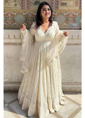 White embroidery georgette full stitched anarkali suit 2