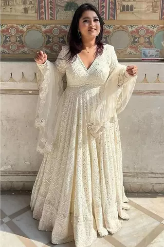 White embroidery georgette full stitched anarkali suit