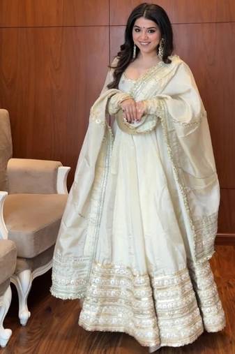 White embroidery silk blend  full stitched anarkali suit