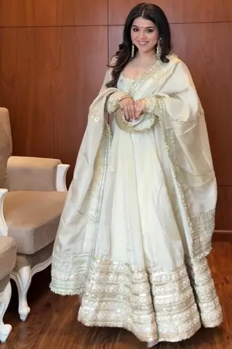 White embroidery silk blend  full stitched anarkali suit