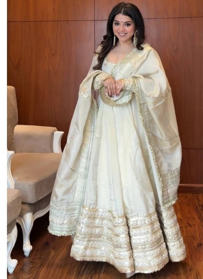 White embroidery silk blend  full stitched anarkali suit