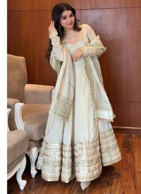 White embroidery silk blend  full stitched anarkali suit 2