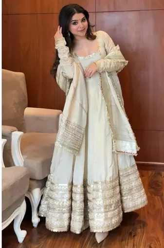 White embroidery silk blend  full stitched anarkali suit