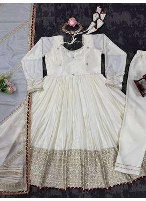 White embroidery silk blend  full stitched anarkali suit 4