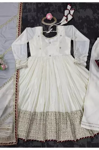 White embroidery silk blend  full stitched anarkali suit