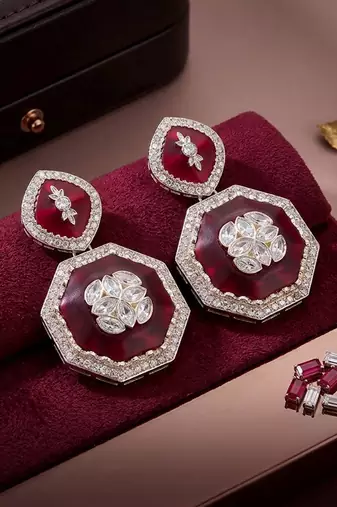 Red color kundan earrings featuring stylish modern jewelry collection for girls