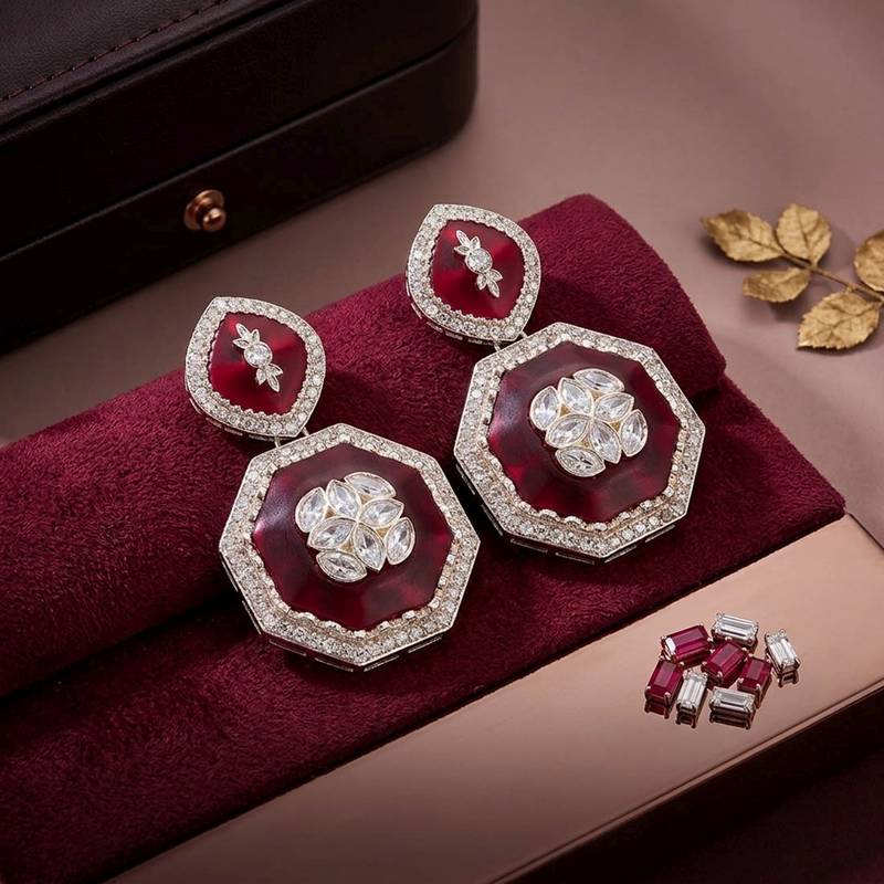 Red color kundan earrings featuring stylish modern jewelry collection for girls