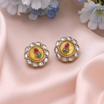 Yellow color kundan earrings with royal handmade traditional jewelry appeal 1