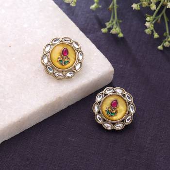 Yellow color kundan earrings with royal handmade traditional jewelry appeal 2