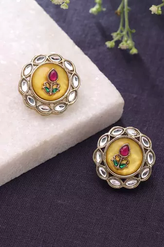 Yellow color kundan earrings with royal handmade traditional jewelry appeal