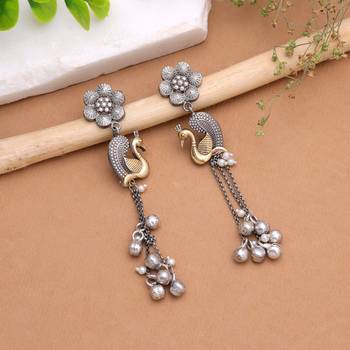 Silver & gold color dual tone oxidised earrings with royal ethnic jewelry appeal 2