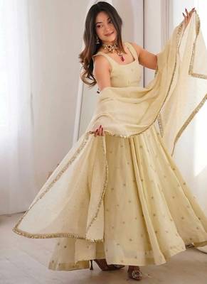 Off white embroidery silk blend  full stitched anarkali suit 1