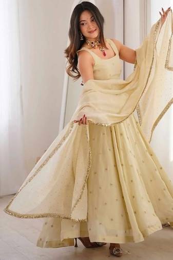 Off white embroidery silk blend  full stitched anarkali suit