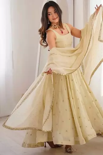 Off white embroidery silk blend  full stitched anarkali suit