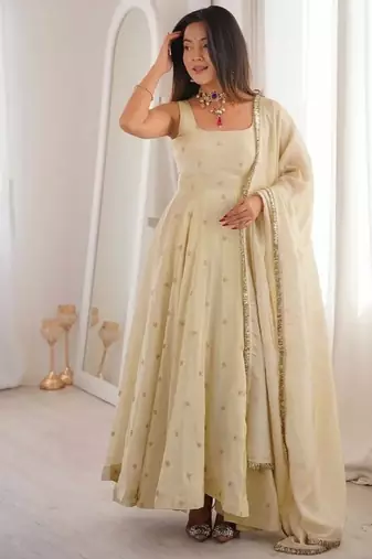 Off white embroidery silk blend  full stitched anarkali suit