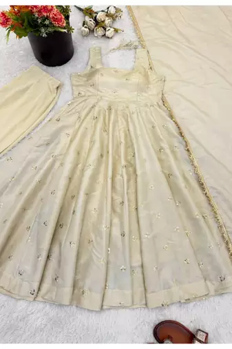 Off white embroidery silk blend  full stitched anarkali suit